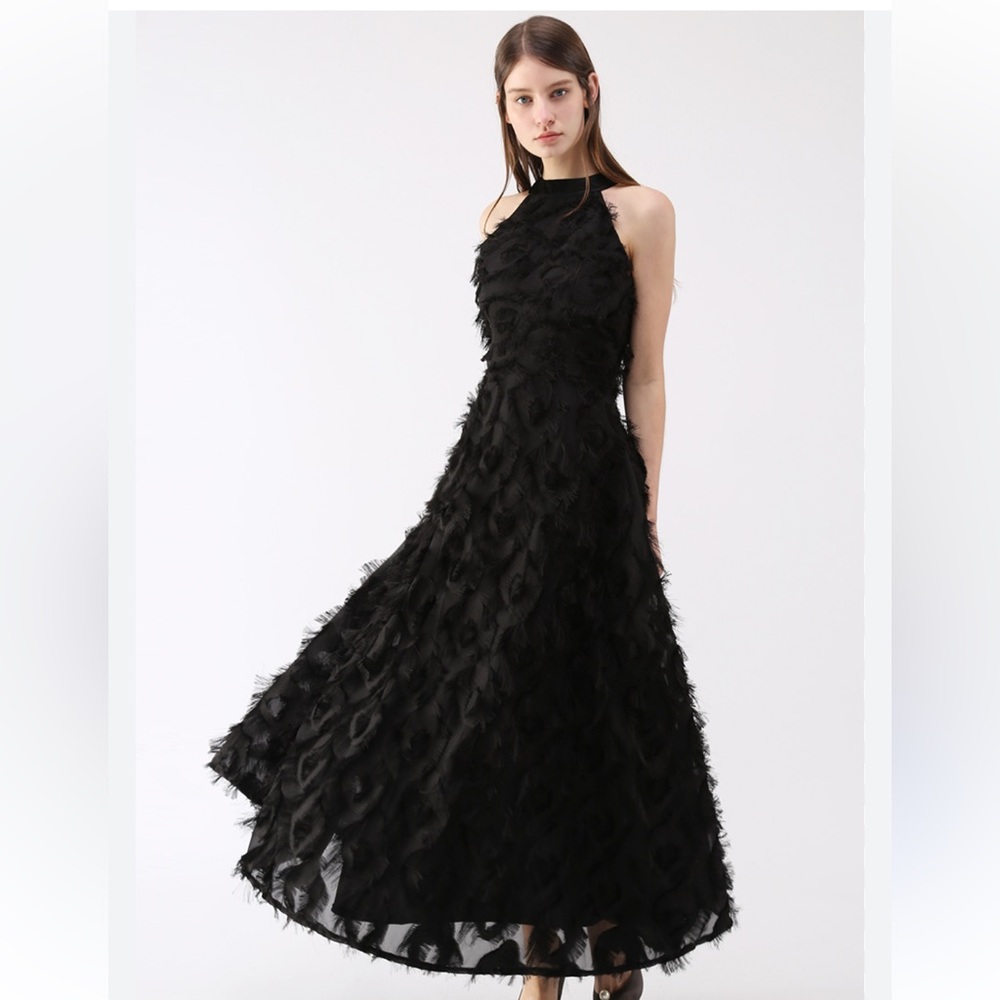 Chicwish Dancing Feathers Maxi Dress Med Black Halter Dress NWT Halter Neck